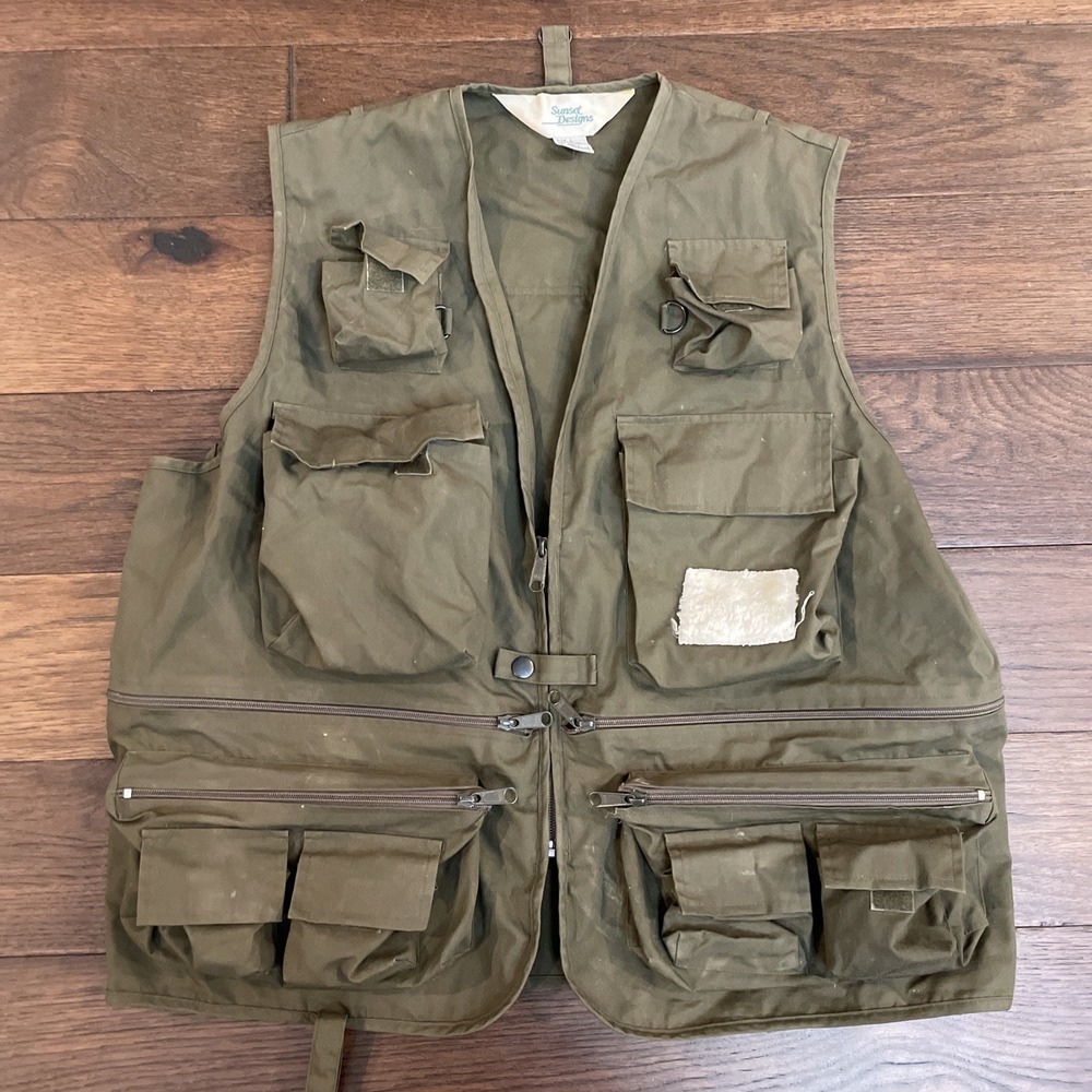 VTG Sunset Designs Fly‎ Fishing Vest Mens Large Green Cargo Photography Utility